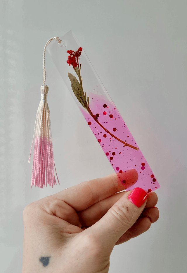 Pink Glitter Floral Bookmark - Dried Flowers