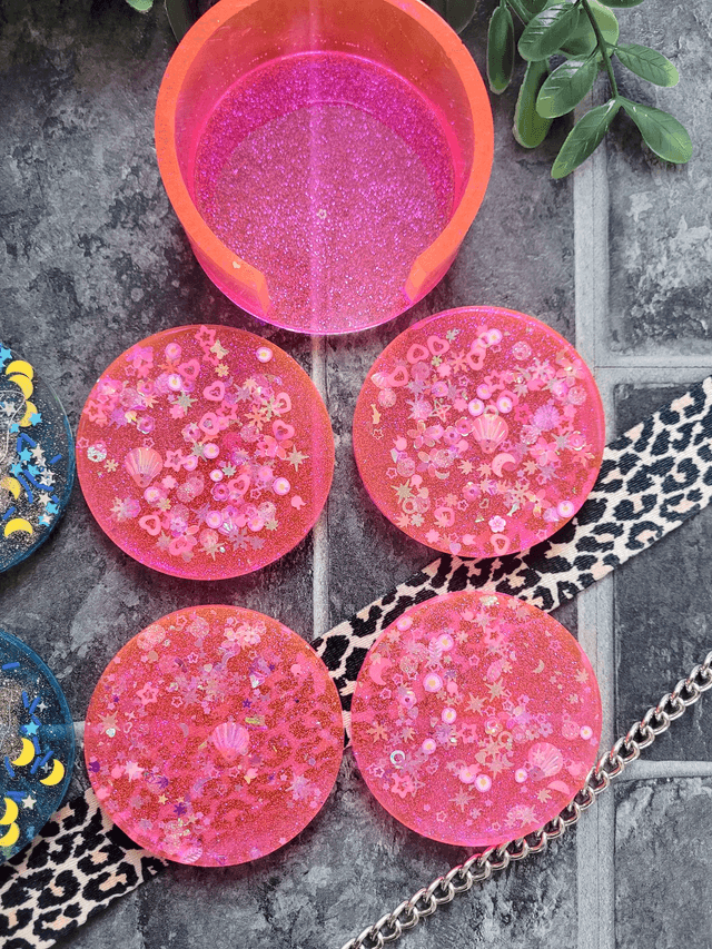 Coasters Set of 4 with Holder - Pink Glitter