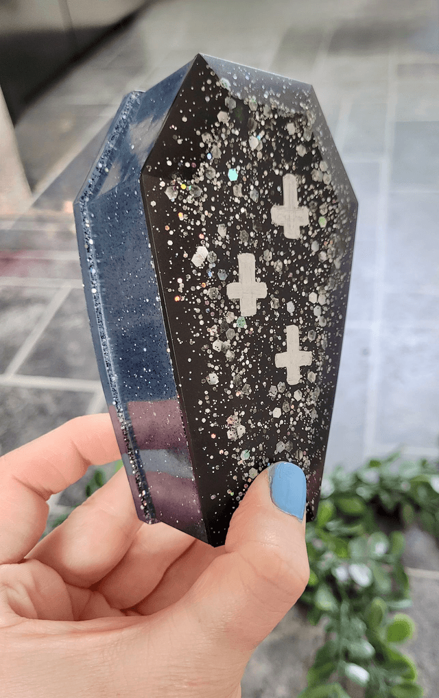 Grey-Black Coffin Trinket Box with Silver Holographic Glitter. Bottom only - no lid