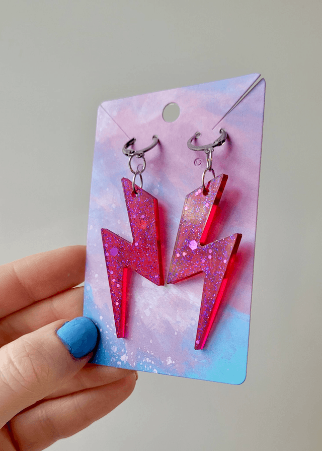 Earrings - Pink-Red Glitter Lightning Bolt Earrings | Stainless Steel Lever Back Hoops
