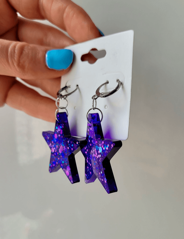 Earrings | Purple Glitter Stars | Stainless Steel Hoops