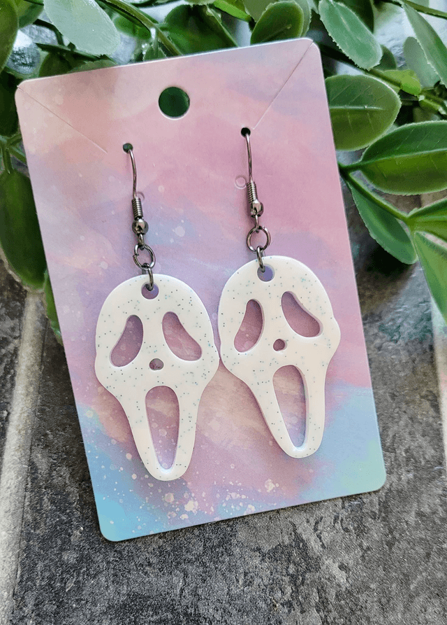 Earrings | Ghostface Scream Earrings - White & Blue Glitter | Stainless Steel Hooks - Gunmetal Black