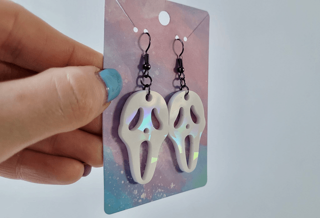 Earrings | Ghostface - Scream - White Holographic Earrings | Stainless Steel Hooks - Gunmetal Black