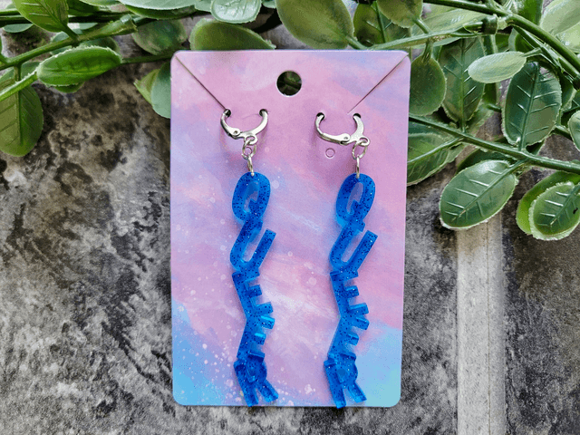Earrings- Blue Glitter QUEER Earrings | Stainless Steel Leverback Hoops
