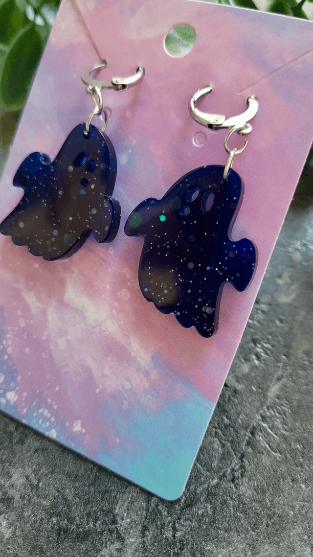 Earrings | Navy Blue Glitter Ghost | Stainless Steel Leverback Hoops
