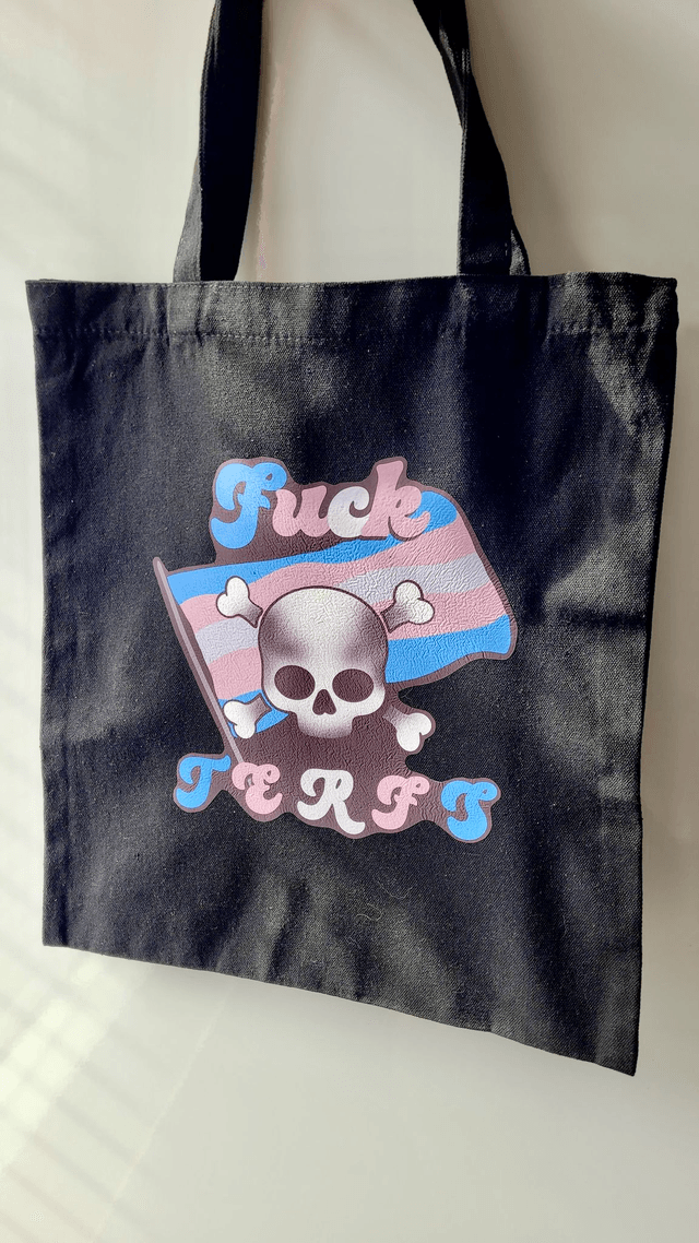 F*ck TERFs Skull, Trans Flag Pride Design | Black Tote Bag