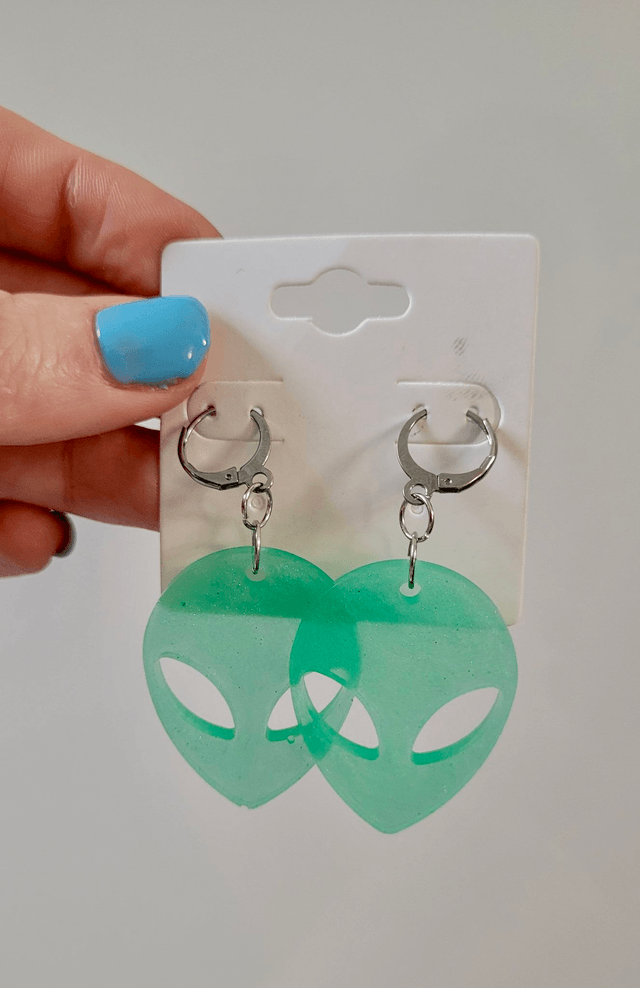 Earrings | Green Shimmer Alien Head | Stainless Steel Hoops