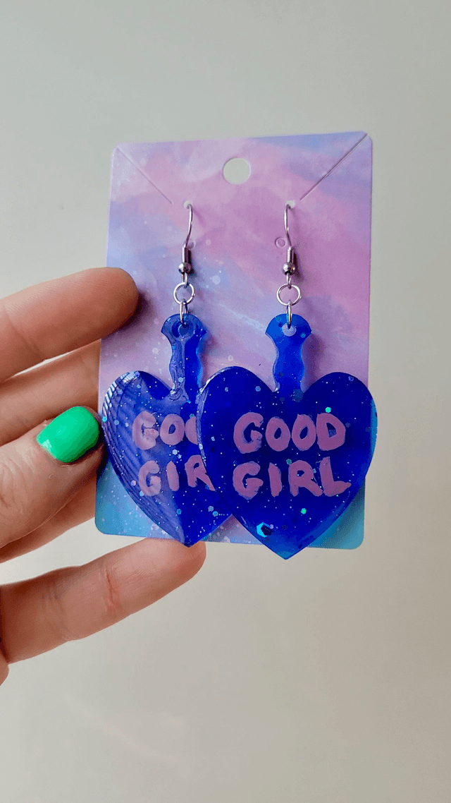 Earrings | GOOD GIRL Dark Blue Glitter Heart Paddle Earrings - Pink and Black Swirl Glitter  | Stainless Steel Hooks