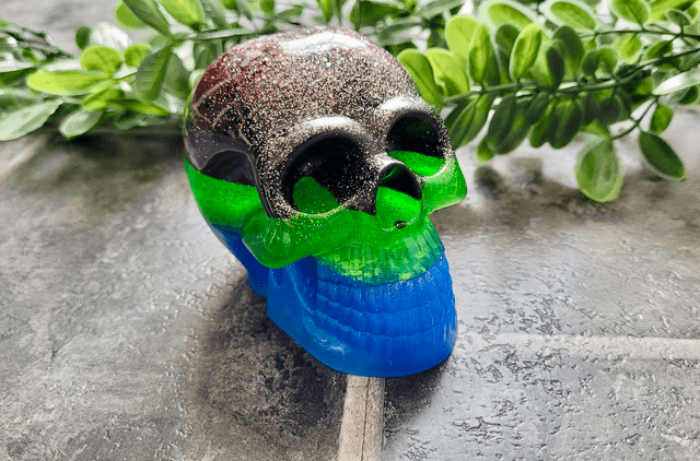 Skull Ornament - Large - Green, Blue Black Glitter Stripes