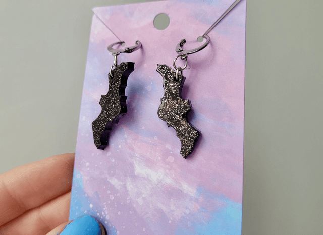 Earrings | Glittery Bats - Black Bats with Silver Glitter Sparkle | Stainless Steel Hoops