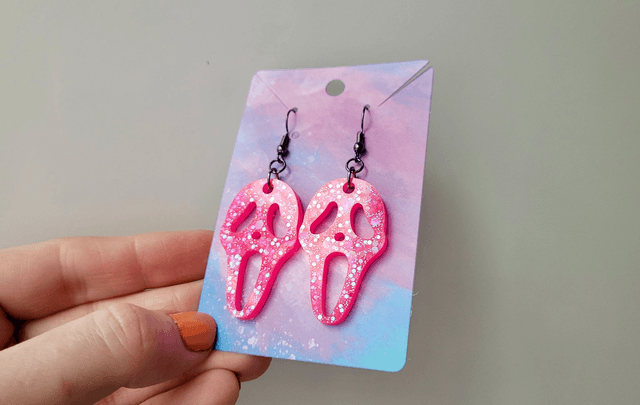Earrings | Ghostface - Scream - Hot Pink Glitter Earrings | Stainless Steel Hooks - Gunmetal Black Hooks