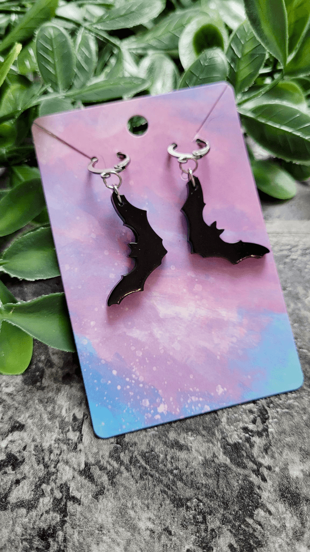 Earrings | Glossy Black Bats - Various Designs | Stainless Steel Hoops
