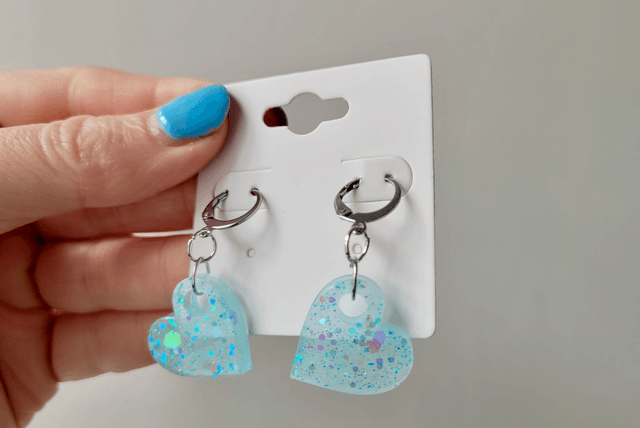 Earrings | Blue-White Glitter Hearts | Stainless Steel Hoops