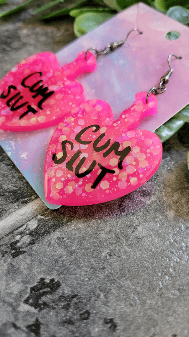 Earrings | CUM SLUT Heart Bright Pink Glitter Paddle Earrings | Stainless Steel Gunmetal Black Hooks