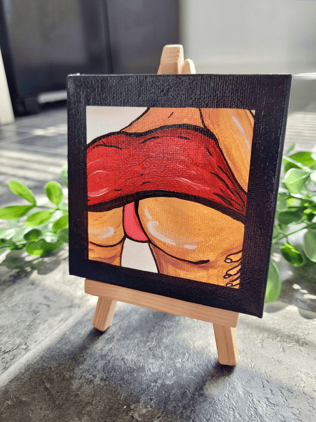 Original Mini Canvas Painting – Red Skirt and Rebellion - Butt Painting Black Border