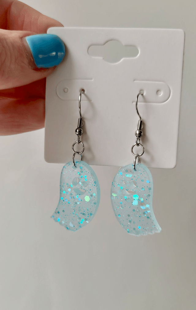 Earrings | Spooky Ghost Blue - White Glitter | Stainless Steel Hooks or Hoops