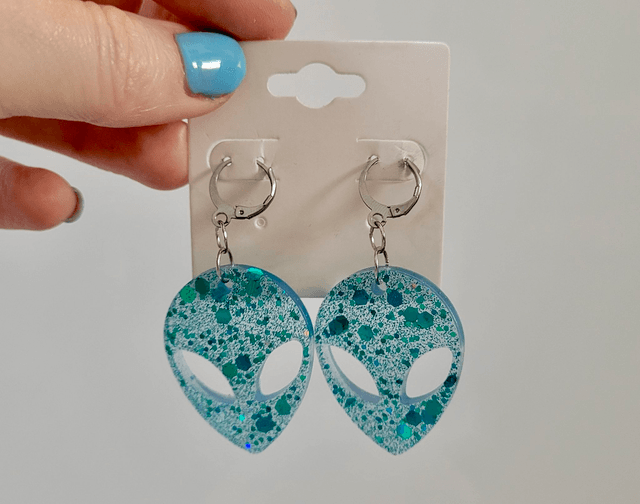 Earrings | Blue Glitter Alien Head | Stainless Steel Hoops