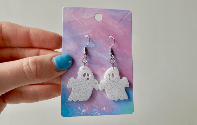 Earrings | White with Silver Glitter Ghost Earrings | Stainless Steel Hooks or Hoops