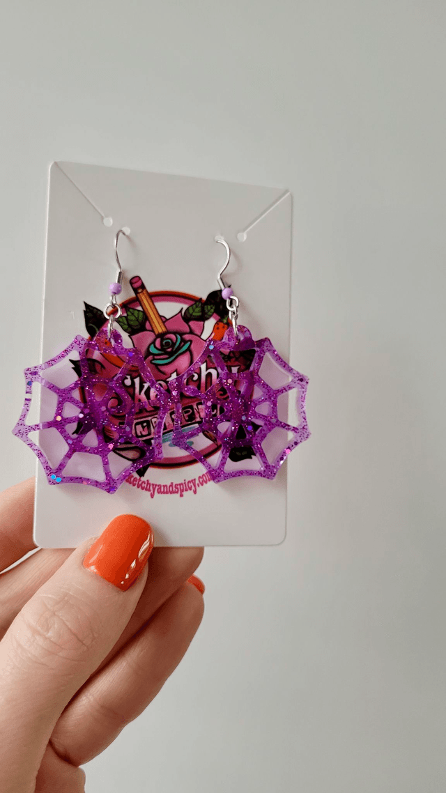 Earrings | Purple Glitter Spiderwebs | Stainless Steel Hooks