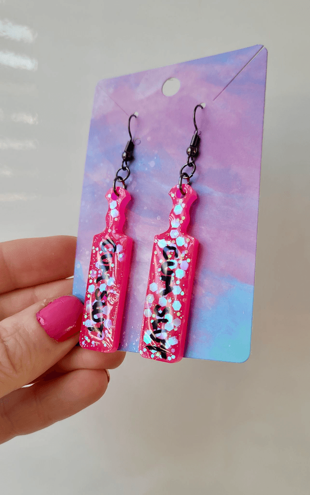 Earrings | CUM SLUT Bright Pink Glitter Paddle Earrings | Stainless Steel Gunmetal Black Hooks