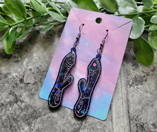 Earrings | Midnight Navy Blue Black Glitter Rabbit Vibrator Earrings | Stainless Steel Hooks
