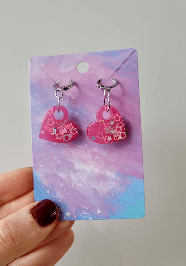 Earrings | Pink Star Glitter Hearts | Stainless Steel Lever back Hoops
