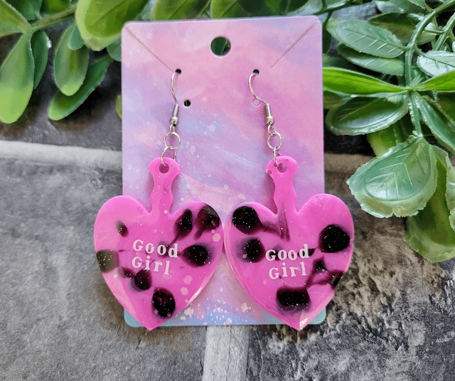 Earrings | Good Girl Heart Paddle Earrings - Pink and Black Swirl Glitter  | Stainless Steel Hooks