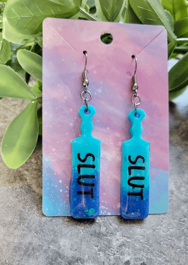Earrings | SLUT Blue Glitter Dipped Paddle Earrings | Stainless Steel Gunmetal Hooks