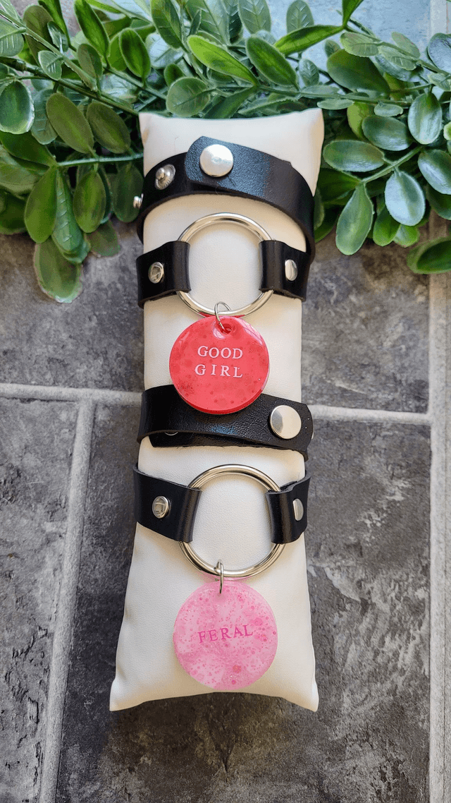 Choker - Black Faux Leather Chokers with Metal O-Ring and Resin Tags