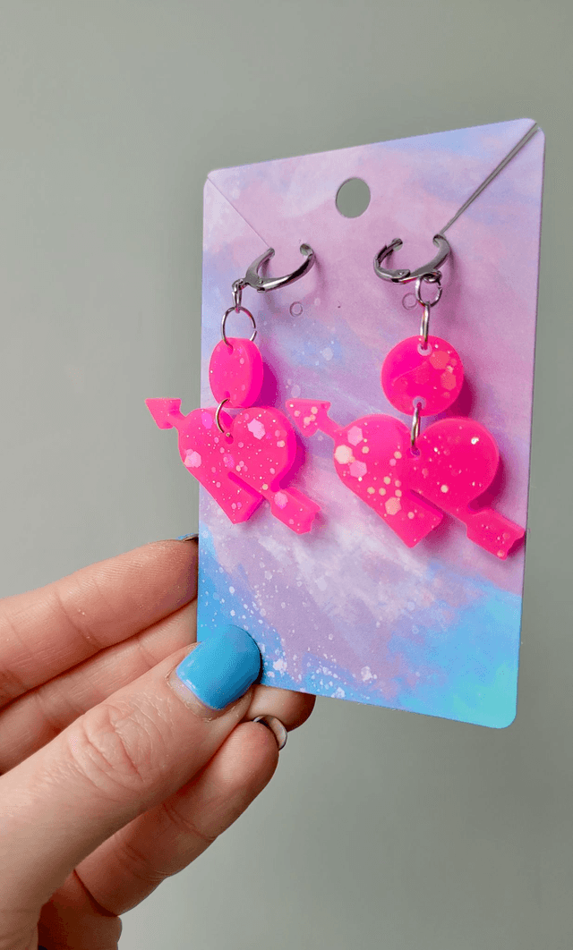 Earrings | Hot Pink Glitter Heart and Arrow | Stainless Steel Hoops