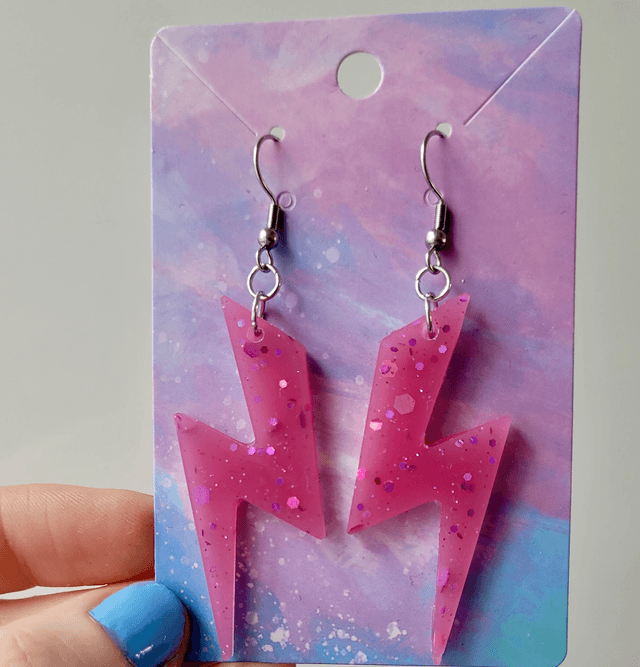 Earrings - Pink Sparkle Lightning Bolt Earrings | Stainless Steel Shepherd Hooks