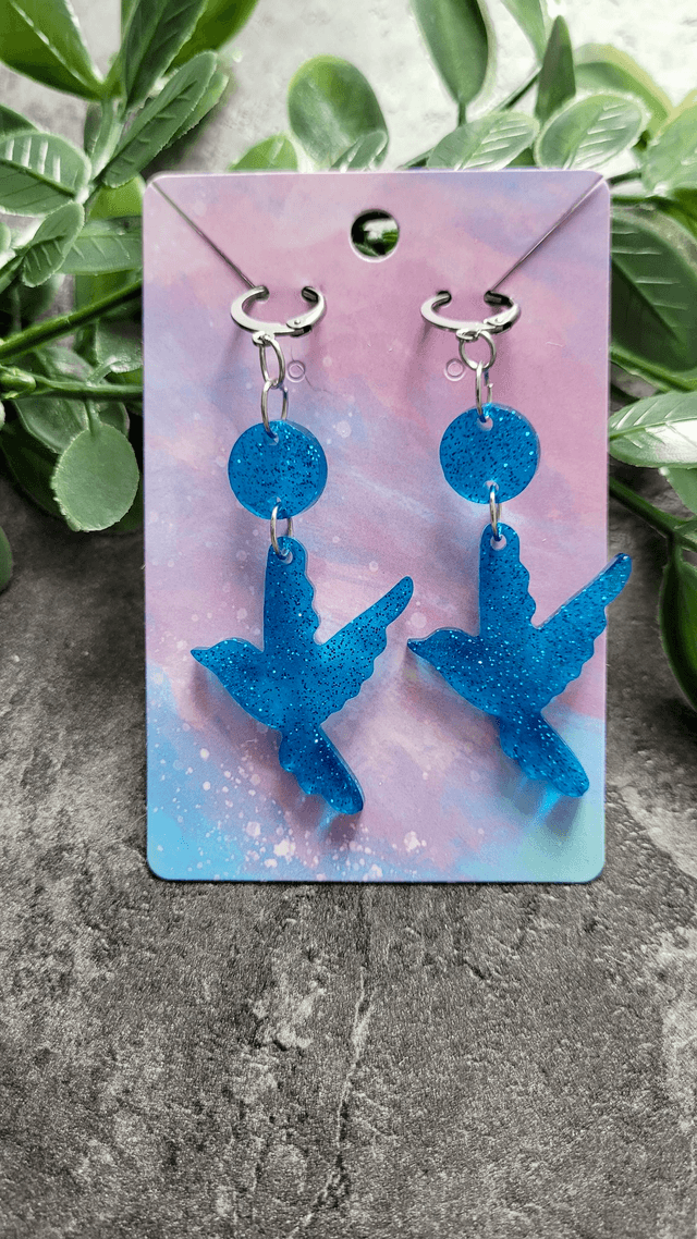 Earrings | Blue Glitter Swallow Birds | Stainless Steel Hoops