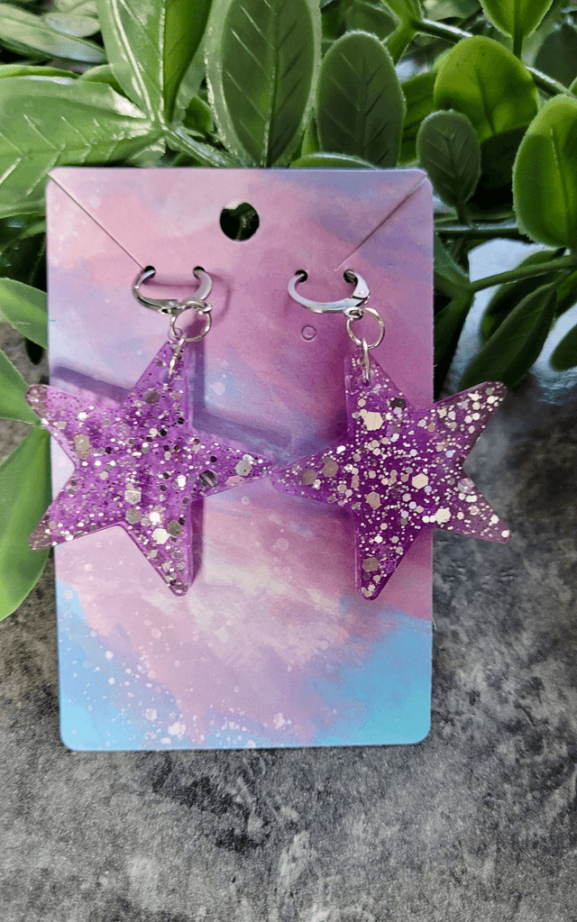 Earrings | Lilac Purple Glitter Stars | Stainless Steel Lever Back Hoops