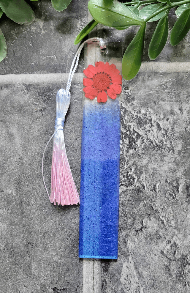 Blue Glitter Floral Bookmark - Dried Flowers