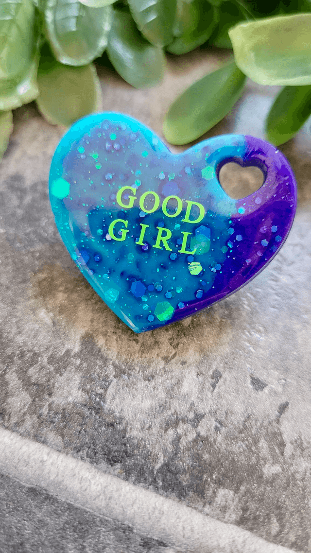 GOOD GIRL Blue Glitter Swirl Heart Resin Pin Badge