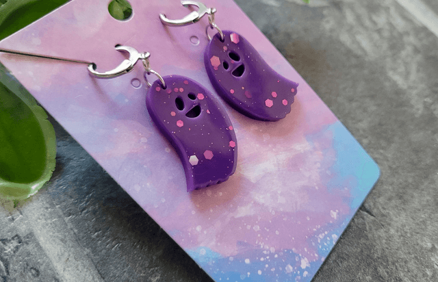 Earrings | Ghost Purple Glitter Ghost | Stainless Steel Leverback Hoops