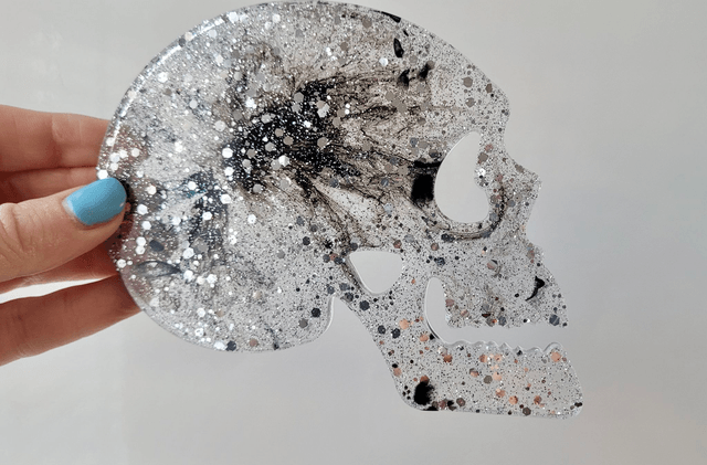 Coasters Set of 4 with Holder - Skull Coasters with Silver Glitter and Black Swirls