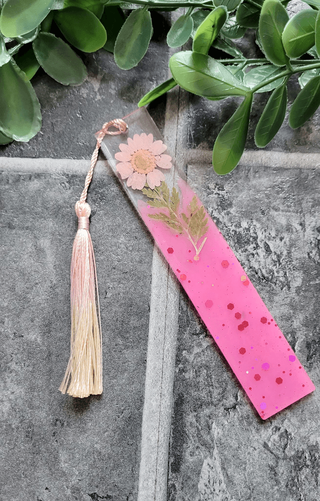 Bold Pink Glitter Floral Bookmark - Dried Pink Flower and Leaf