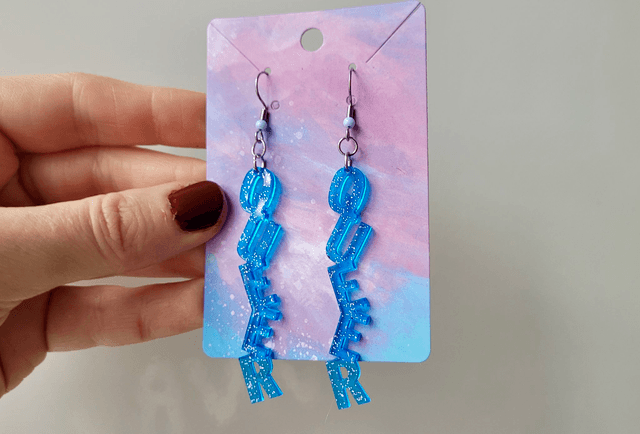 Earrings- Blue & Silver Glitter QUEER Earrings | Stainless Steel Beaded Hooks