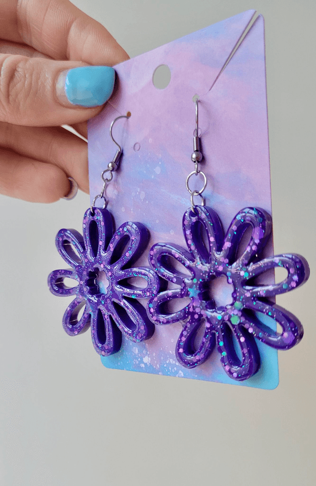 Earrings | Purple Glitter Flowers | Stainless Steel Shepherd Hooks