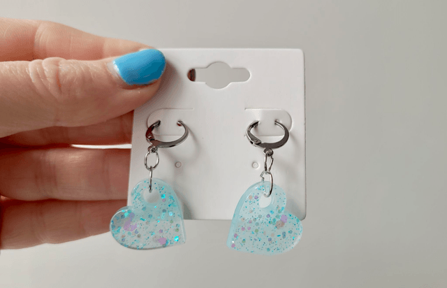 Earrings | Blue-White Glitter Hearts | Stainless Steel Hoops