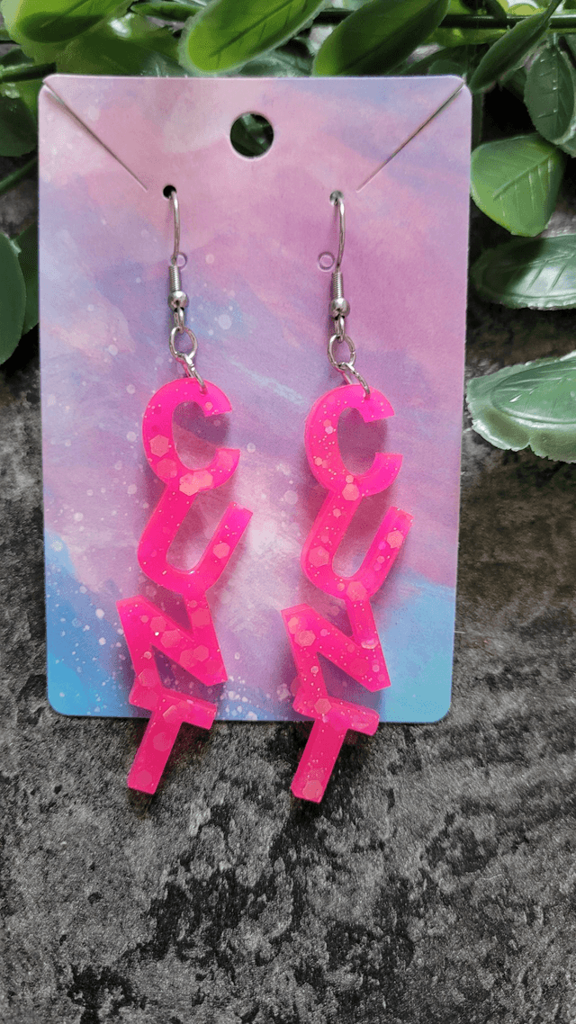 Earrings- Hot Pink Glitter CUNT Swear Earrings | Stainless Steel Shepherd Hooks