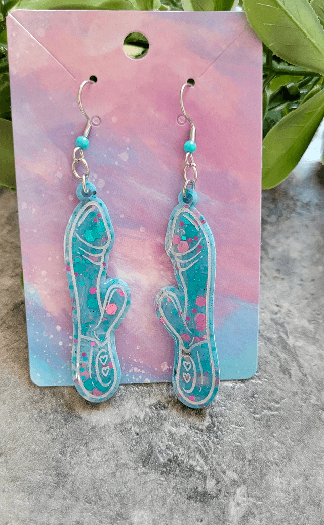 Earrings | Blue & Purple Glitter with White Outline Rabbit Vibrator Earrings | Stainless Steel Hooks & Colour Bead