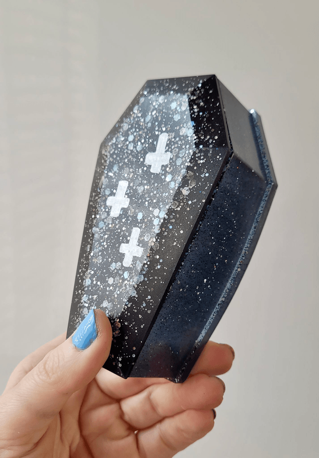 Grey-Black Coffin Trinket Box with Silver Holographic Glitter. Bottom only - no lid