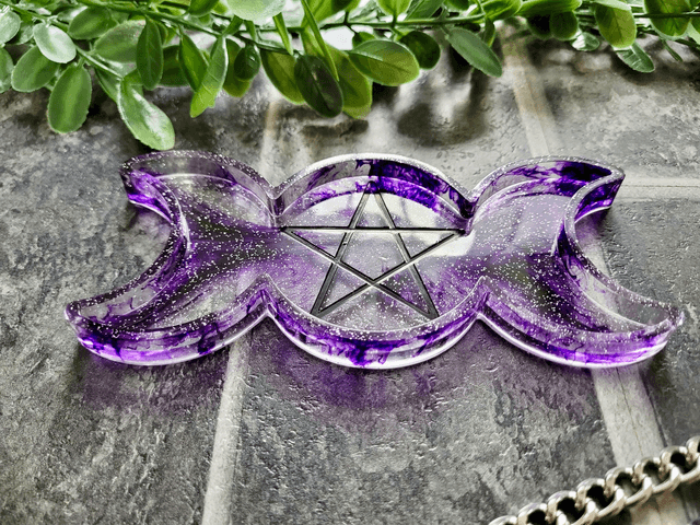 Trinket Tray - Triple Moon Phase Pentacle - Purple Swirl Glitter