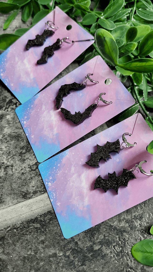 Earrings | Glittery Bats - Black Bats with Silver Glitter Sparkle | Stainless Steel Hoops