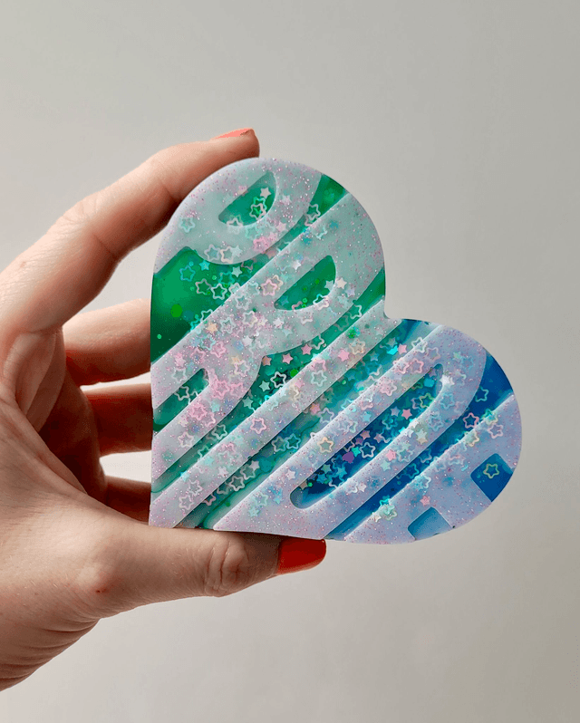 PRIDE Heart -  White Lettering & Stars, Green & Blue Heart