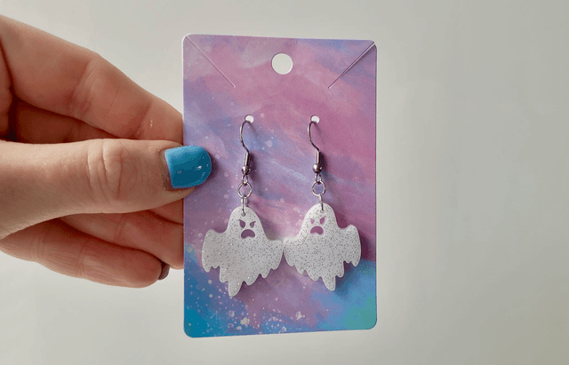 Earrings | Angry Ghost - White with Silver Glitter | Stainless Steel Hooks or Hoops