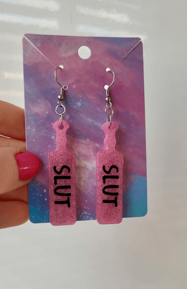 Earrings | SLUT Paddle Earrings Light Pink Glitter | Stainless Steel Hooks