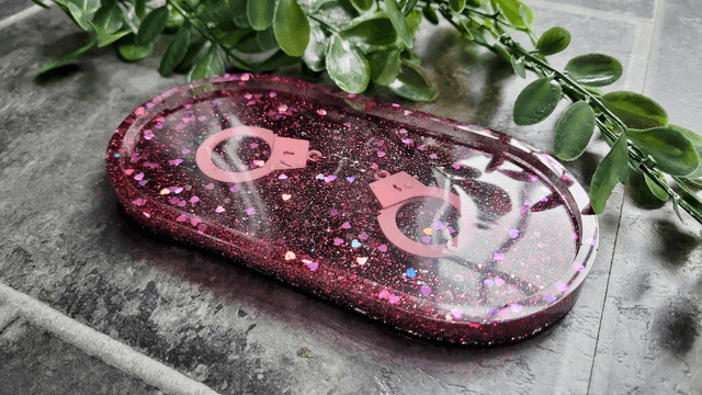 Trinket Tray - Pink Glitter Hearts and Handcuffs